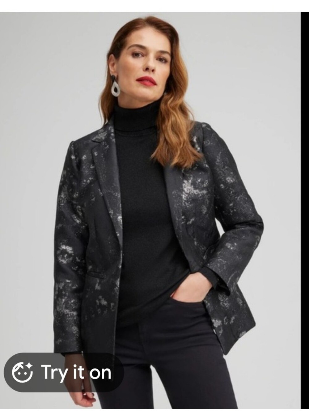 Chico's Black Blazer with Silver Metallic Floral Accents